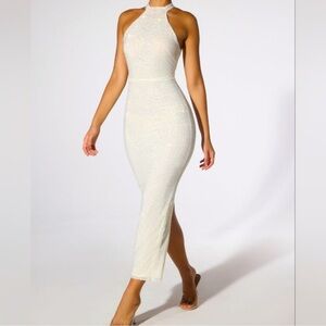Oh Polly WOMANS EMBELLISHED BACKLESS HALTER IVORY GOWN US Size 8 UK 12